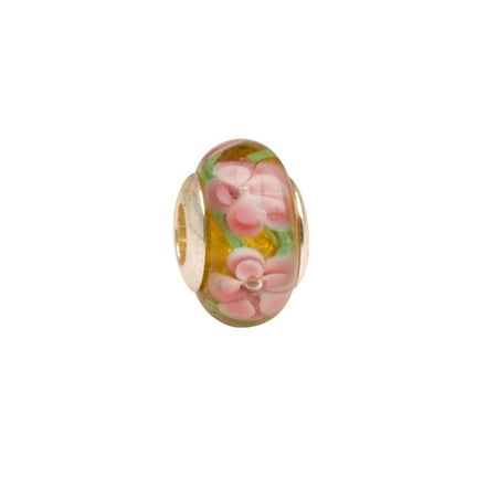 Amber Murano Glass Crystal - Pink Flowers On Stem In Amber Large Hole Beads Murano Lampwork European Glass Crystal Charms Beads Spacers Fit Pandora Troll Chamilia Carlo Biagi Zable Snake Chain Charm Bracelets 9.5x14mm 4pcs