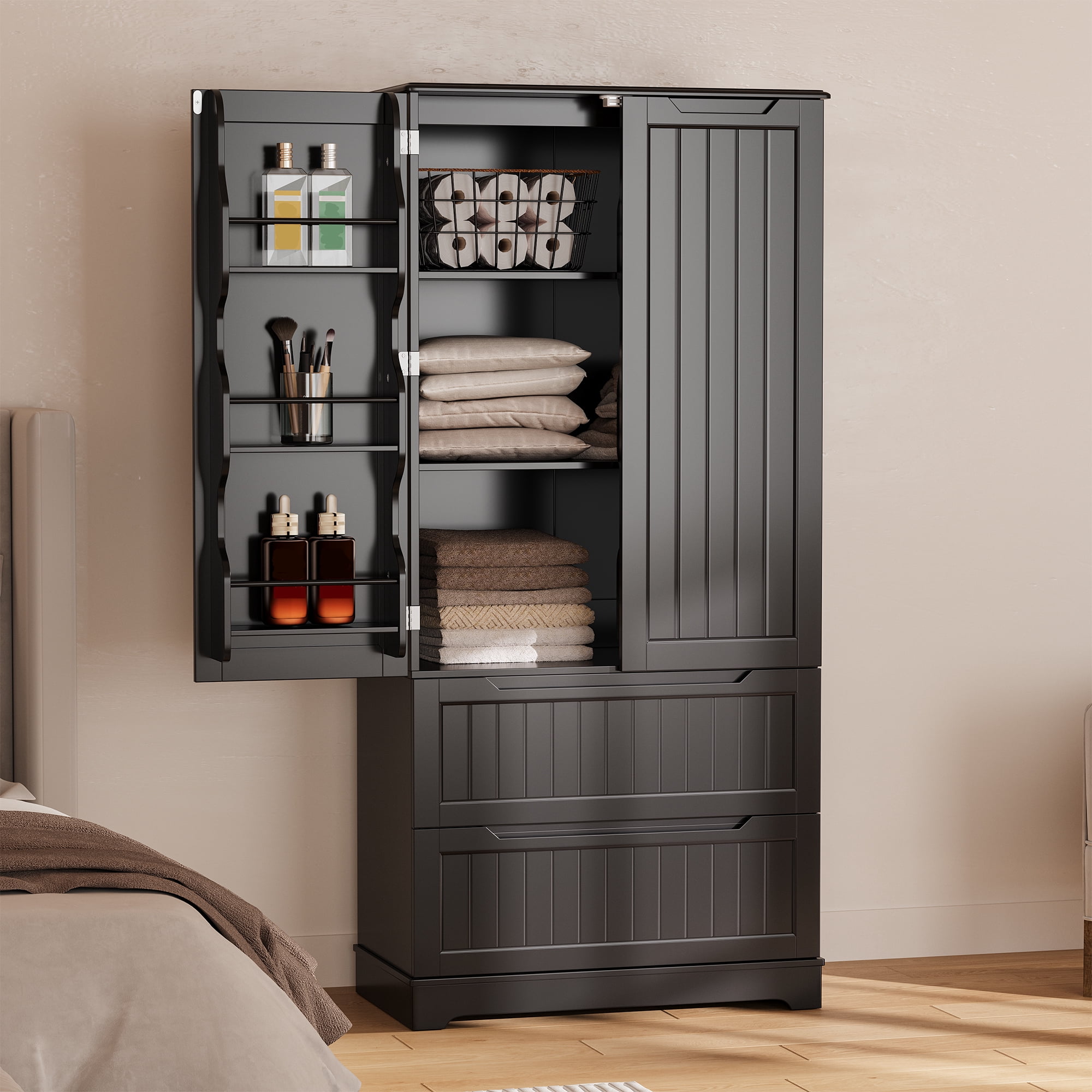 Pantry Cabinet, Lofka 63" Kitchen Pantry Storage Cabinet with Magnetic Doors and 9 Shelves, Black