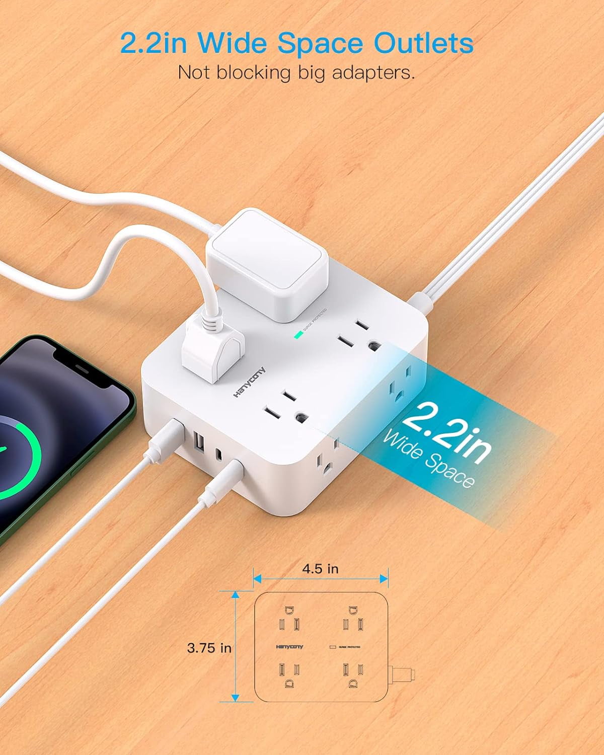 Sur Protector Power Strip, Extension Cord with Multiple Outlets, 5 Ft Ultra Thin Flat Plug 8 Outlets 4 USB Ports(2USB C), 1080J Outlet Extender for Home Office Colle Dorm Room Essentials