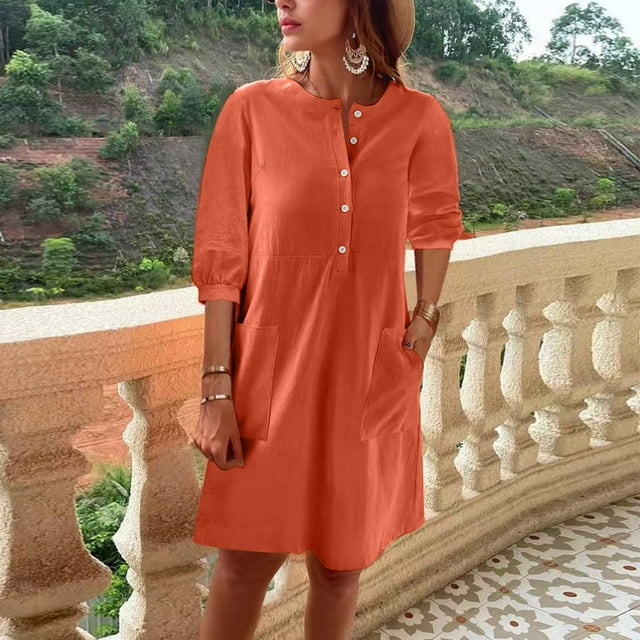 Meichang Robes en Coton et Lin pour Femmes 2024 Décontractées Unies à Col Rond à Demi-Boutonnage Robes à Manches 3/4 Robe Mini Confortable Fluide pour la Plage et les Vacances avec Poches Orange TG