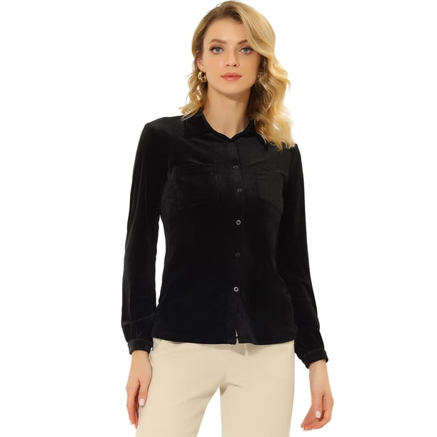 Blusa de manga larga con bolsillo delantero y cuello de punta para mujer, camisa de terciopelo de trabajo con botones Negro S