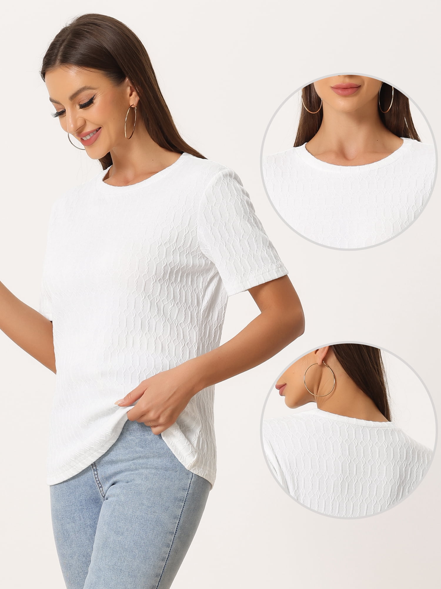 DARING DIVA Women's Casual Summer T-Shirt Round Neck Basic Textured Top XS White