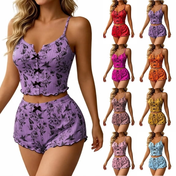 Jowdiw Women Pajama Set Print Cami Shorts Set Bow Decor Ruffle Hem Lounge Sleepwear Two Piece Home Wear