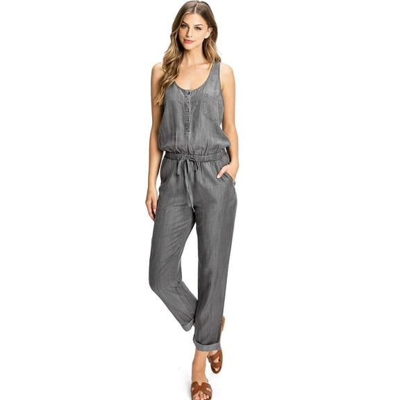 Love Stitch Women's Comfortable Chambray Slouchy Lounge Jumpsuit (Ash Black, Small)
