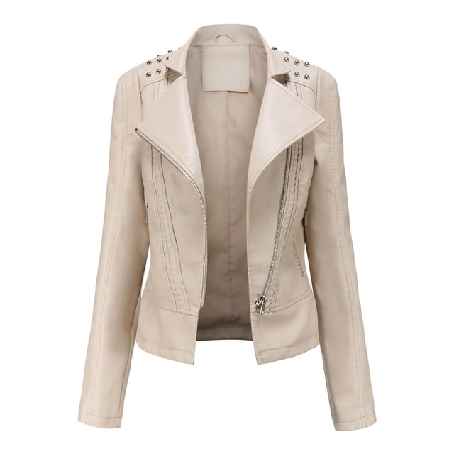 WEIYLL Veste en Molleton Femme Cuir Moto Courte Légère en Similicuir Courte Beige Hauts d'Automne Taille P