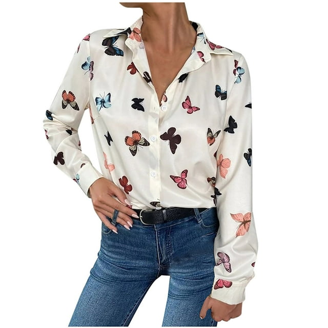 Womens Casual Loose Fit Button Down Shirts Fashion Butterfly Print Long Sleeve Blouses V Neck