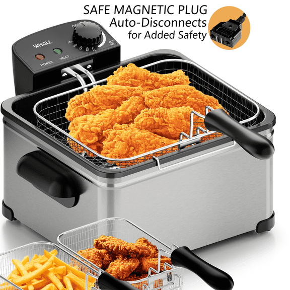 WHALL Deep Fryer with 3 Baskets, 5 L/21 Cups Oil Capacity, Temperature Control, Stainless Steel, 1700 W