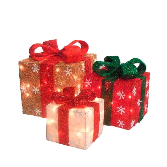 Set of 3 Lighted Red and Cream Gift Boxes Christmas Outdoor Decorations 10"