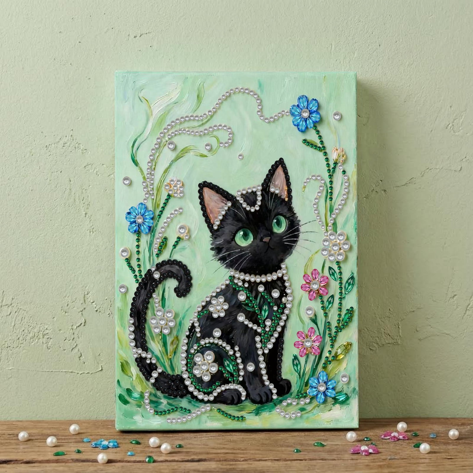 FLOPESN DIY Gemstone Pearl Diamond Art Painting Kit with Frame, 11.81x15.75in Colored Canvas, Home Decor Display for Tabletop and Wall -Black Cat