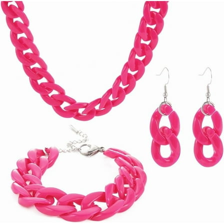 Chunky Acrylic Necklace, Bracelet & Earrings Set - Red Acrylic Chain Jewelry for Women - 80s 90s Hip Hop Style