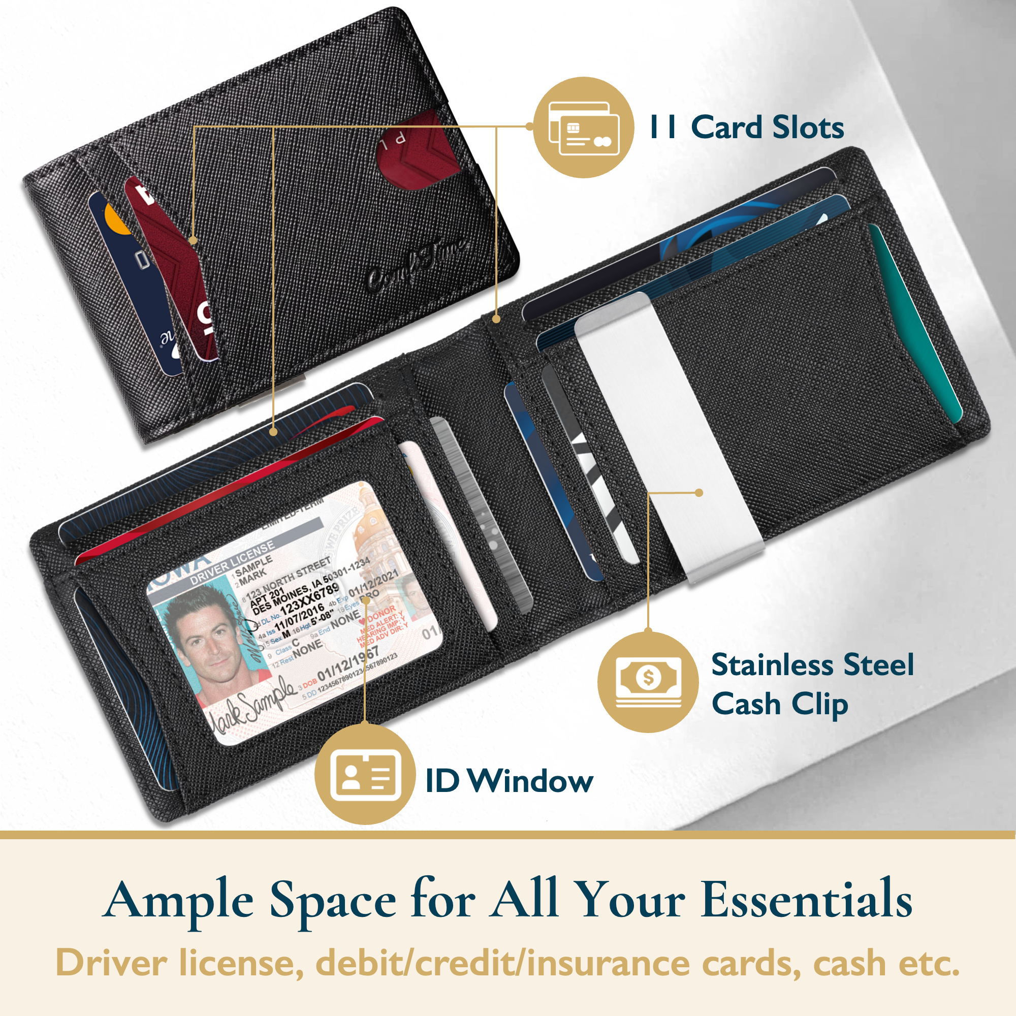 ComfiTime Men's Slim Leather Wallet With Money Clip Black photo 2