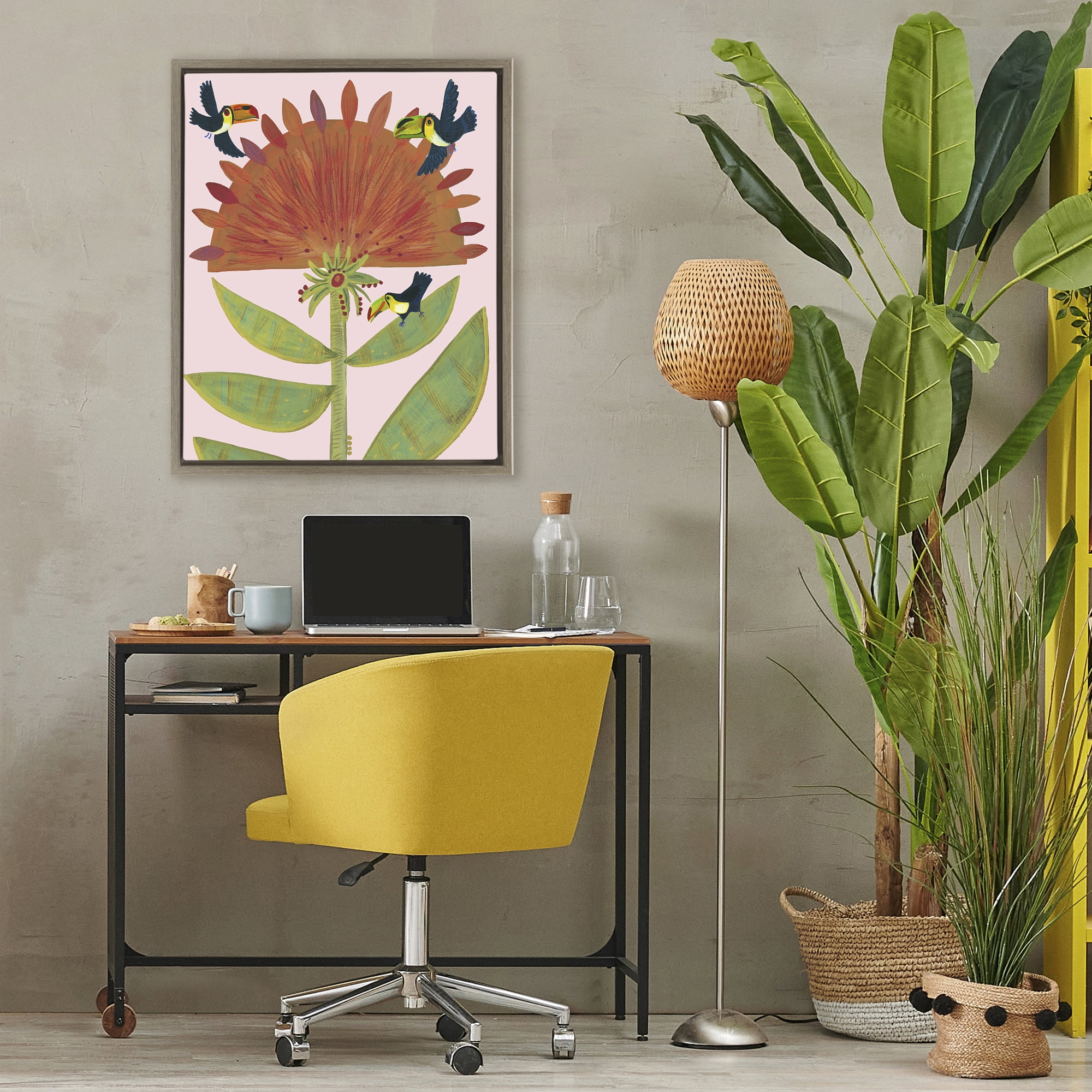 Stupell Industries Tropical Plant & Toucans Brown Framed Floater Canvas Wall Art, design by Kay Widdowson