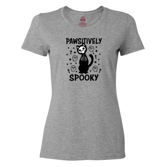 Inktastic Pawsitively Spooky Skeleton Cat with Ghosts and Crosses Women's T-Shirt