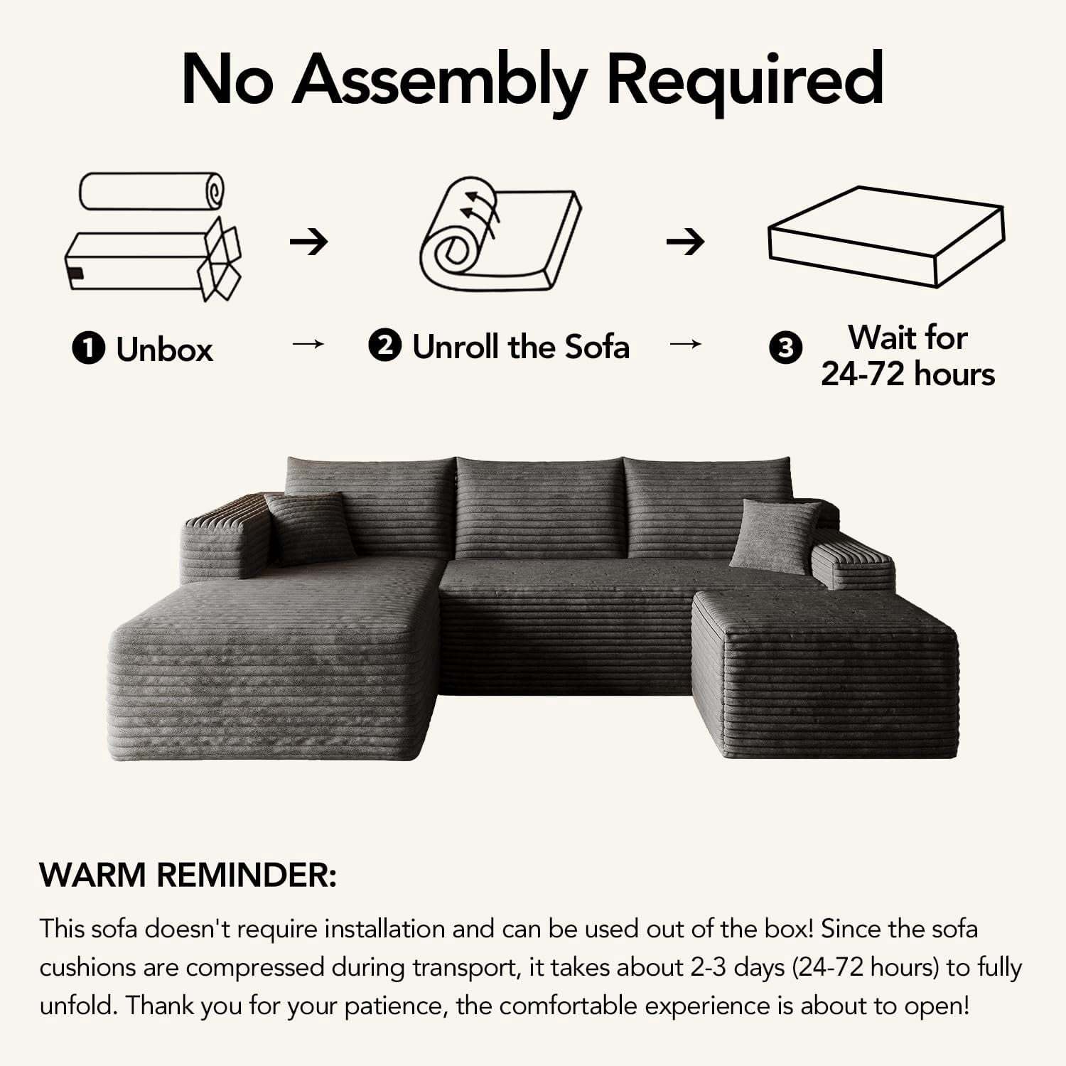 103" Cloud Sectional Sofa, Modern L Shaped Deep Seat Couch, Plush Corduroy Upholstered Sofa No Assembly, Living Room