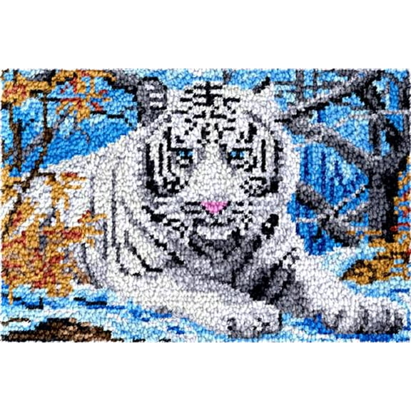 Animal White Tiger Latch Hook Rug Kit for Adults Easy Carpet Cushion with Printed Canvas Crochet Yarn Craft DIY Hooking Tapestry for Home Floor Decoration Pets Pads 60x40cm