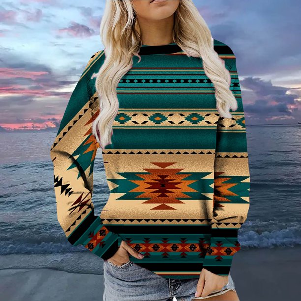 Pntutb Mujeres Otoño e Invierno Casual Folk-Personalizado Impreso Cuello Redondo Manga Larga Jersey Blusa Sudadera tops Pntutb Pntutb-990