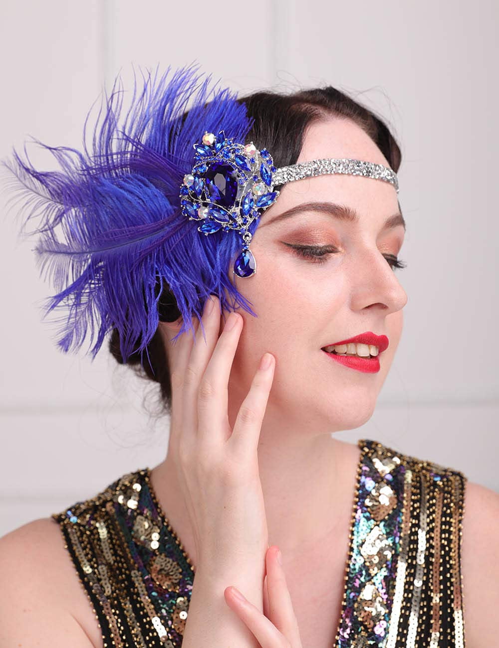 1920s Flapper Feather Headband Royal 