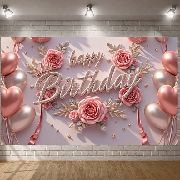 Pink Theme Banner Floral Design Birthday Celebration Display Royal Crown Shiny Lettering Princess Birthday Backdrop for Birthday Party Princess Celebration Girls' Birthday