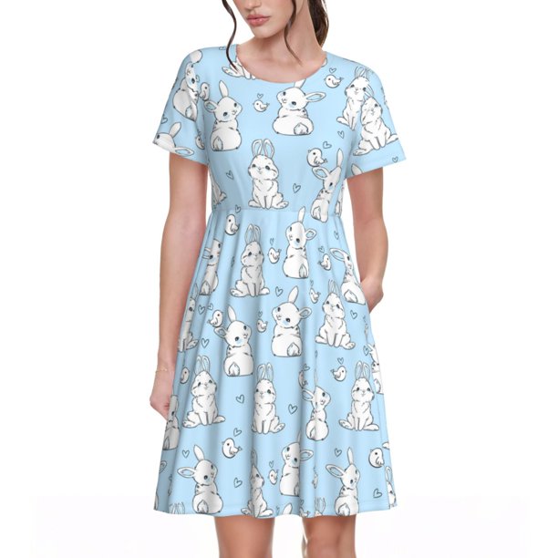Balery Rabbit And Bird Vestidos sueltos de manga corta para mujer, vestidos de verano 2025, vestidos casuales de corte A con vuelo.