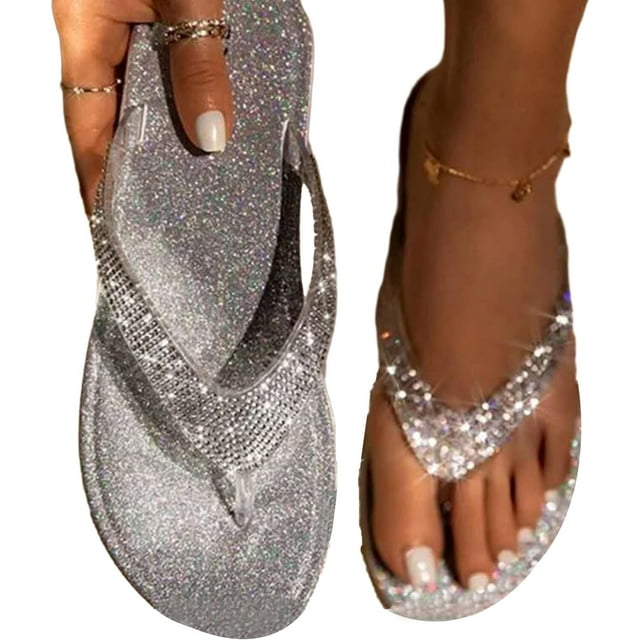 HUGFEGWE Beach Slippers for Women Summer Fancy Style Rhinestone-Design Open Toe Herringbone Slippers, Bling-Bling Flat Beach Sandals Beach Flip Flops Beach Supplies Silver 38 CJB91-133410