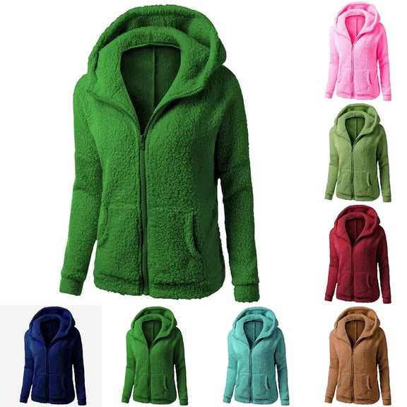 Women's Solid Color Plush Coat, Hooded Fleece Lined Zipper Jacket for Winter Warmth, Cozy and Casual Outerwear for Cold Weather Protection-Coffee