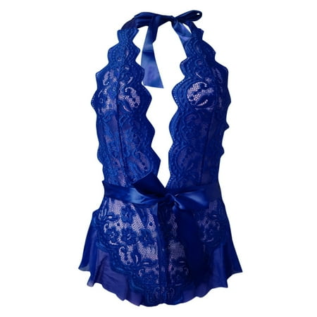 adviicd Lingerie For Women Teddy Lingerie for Women Deep V Lingerie Bodysuit Lace One Piece Navy L