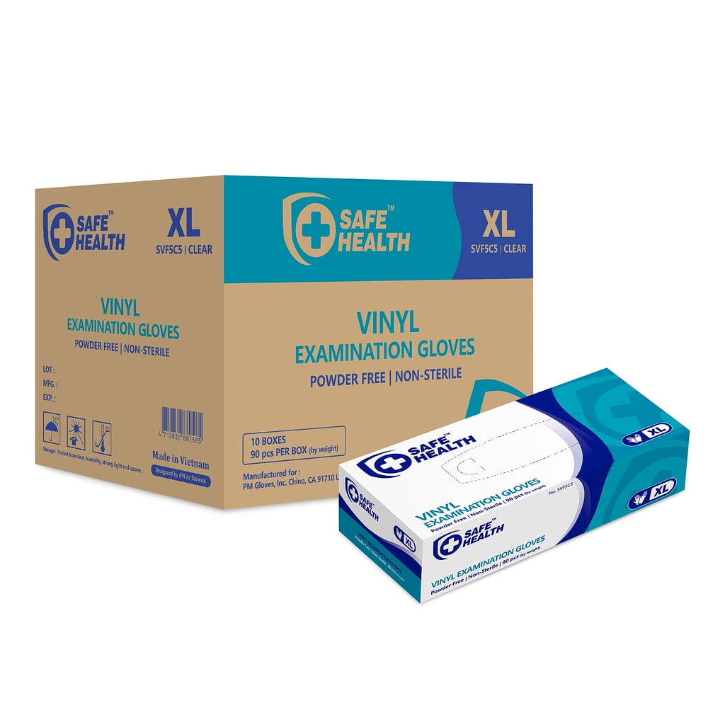 SAFEHEALTH Clear Vinyl Exam Gloves, 3Mil, Powder Free, Latex Free, Finger Textured, Medical Grade, Disposable, Nursing-Office-Law Enforcement-Kitchen-Pet Care-Cleaning-Daily Use, Case of 900, Size XL