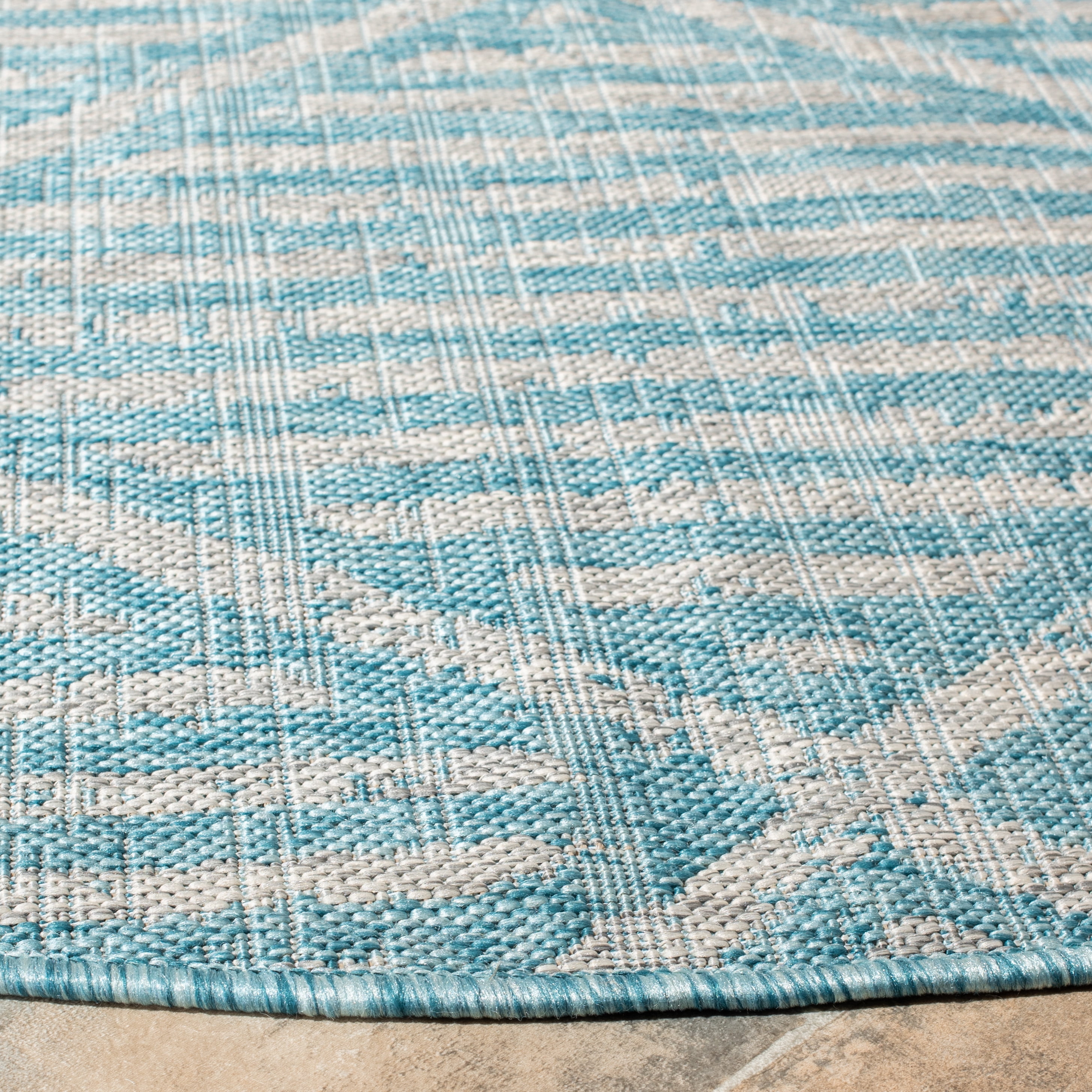 SAFAVIEH Courtyard Corinna Geometric Indoor/Outdoor Area Rug, Aqua/Grey, 6'7" x 6'7" Round