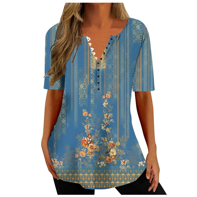 Birdeem Mode Femme Col en V Imprimé Décontracté Manches Courtes Ample Haut/chemise