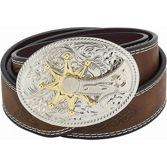 Western Cowboy PU Leather Belt Engraved Buckle Belts Country Rodeo Buckle Belt Vintage Belt Bull Buckle Belt Coffee