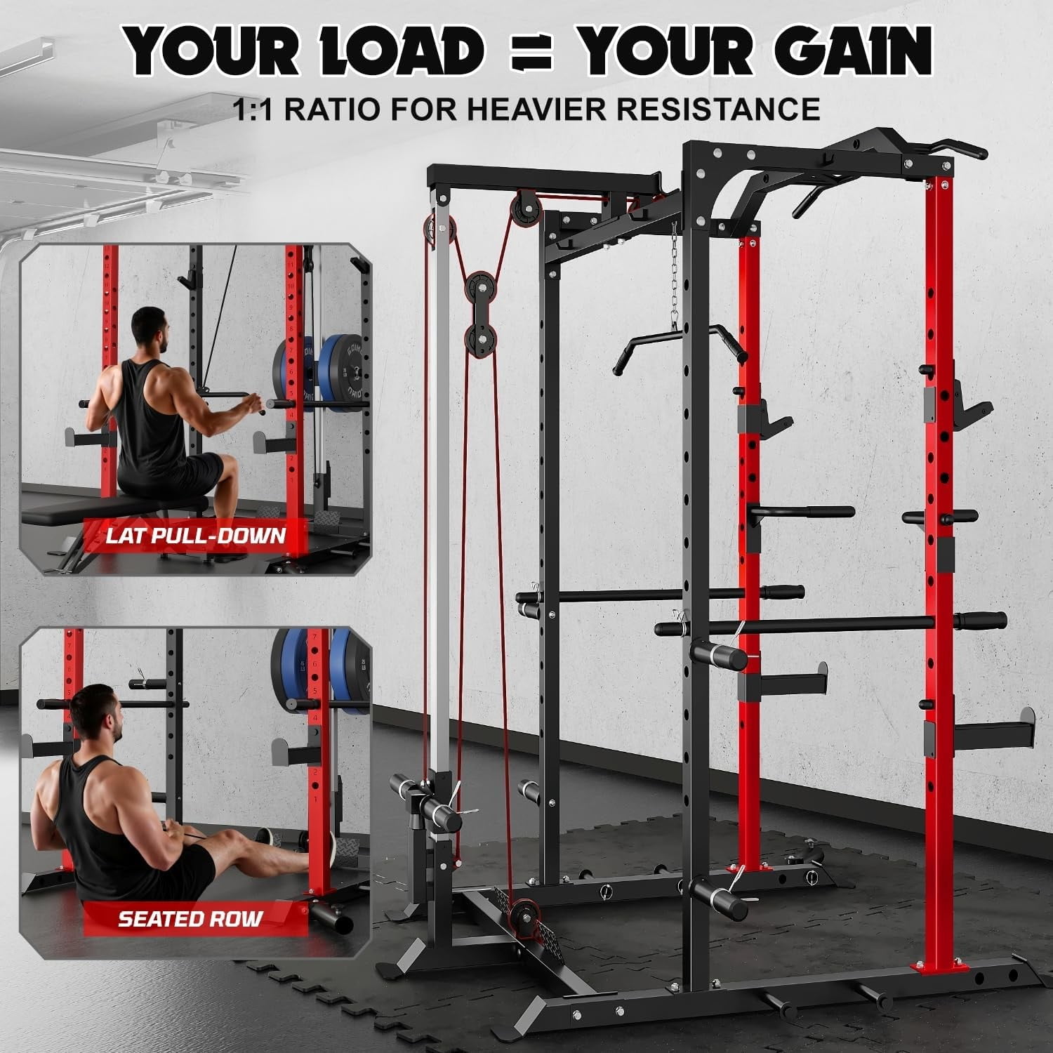 MITONOS Power Cage, 2000LBS Squat Rack with LAT Pulldown,Power Rack Strength Training Machine, Weight Lifting Equipment with More Attachments,Weight Bench,Olympic Barbell Weight Set for Home Gym,Red