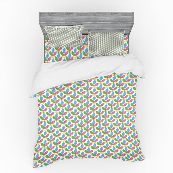 Leaves Duvet Cover Set, Vertical Strips with Leaves in Various Details, Bedding Set with Shams and Fitted Sheet, 3 Sizes, by Ambesonne