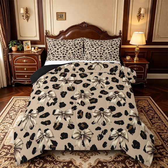 Manfei Cartoon Cute Bow Full Size Comforter Sets,Brown Leopard Print Bedding Comforter Set,Black Reversible,3pcs,1 Comforter and 2 Pillowcases