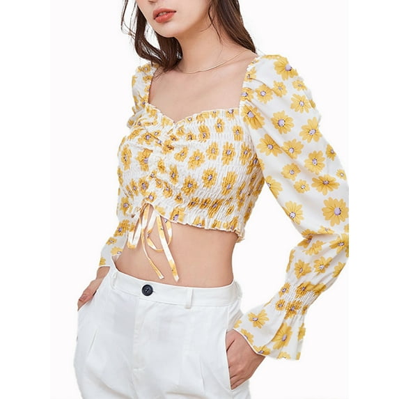Lovito Cute Loose V Neck Long Sleeves Drawstring Floral Print Shirred Ruffle Blouses