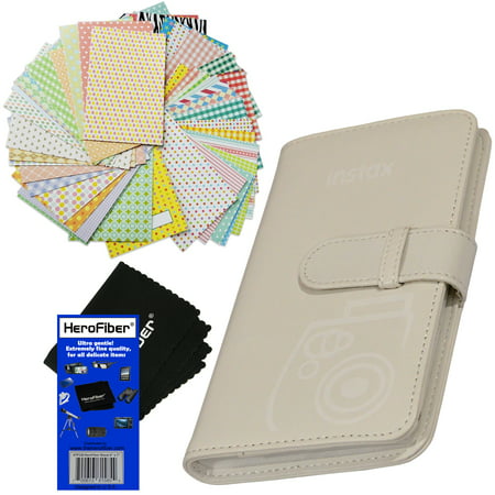 Fujifilm Instax 108 Photo Wallet Album (White) for Mini 7s, 8, 25, 26, 50s, 70, 90 Cameras, SP-1, SP-2 Smartphone Printers + Xtech 60 Assorted Colorful Sticker Frames + HeroFiber Gentle Cleaning