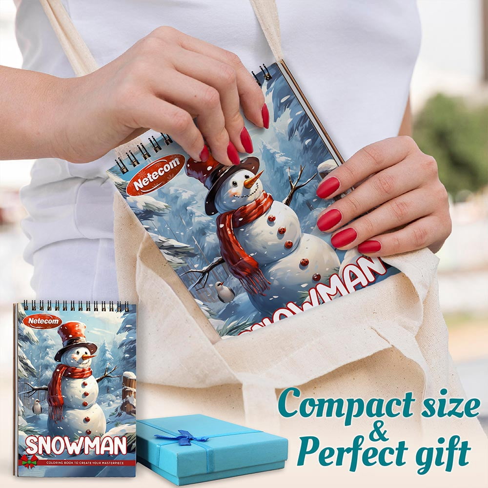 Netecom Snowman Coloring Book Spiral Bound for Adults, A5 Wooden Cover, 30 Heartwarming Coloring Pages of snowmanUnder Winter Scenes for Stress Relief and Relaxation