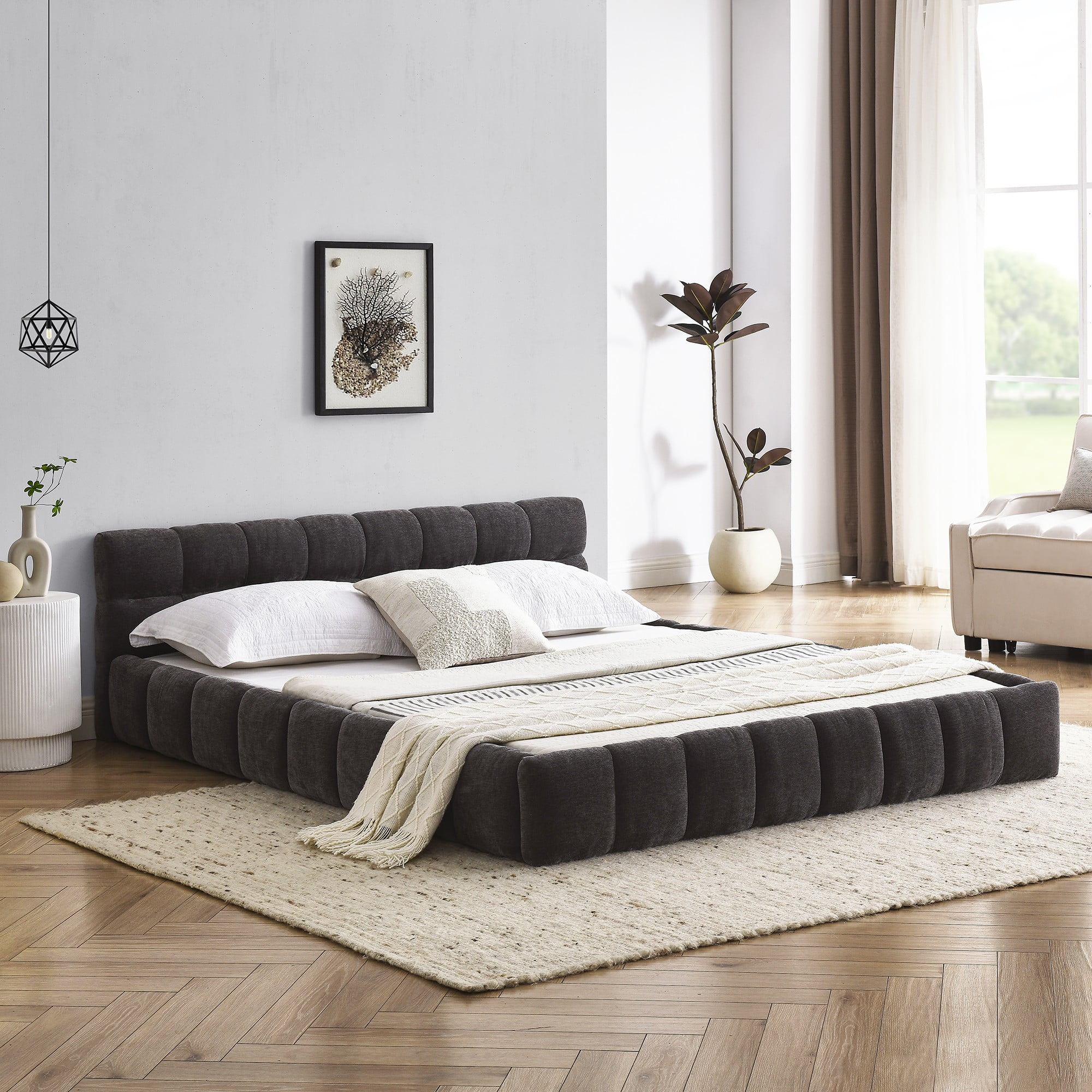 Queen Size Solid and Stable Upholstered Bed Frame with Thick Fabric, Chenille Fabric Grounded Platform Bed with Headboard and Solid Frame, No Box Spring Needed(68''*86,5''*23,5'') (Dark Gray)