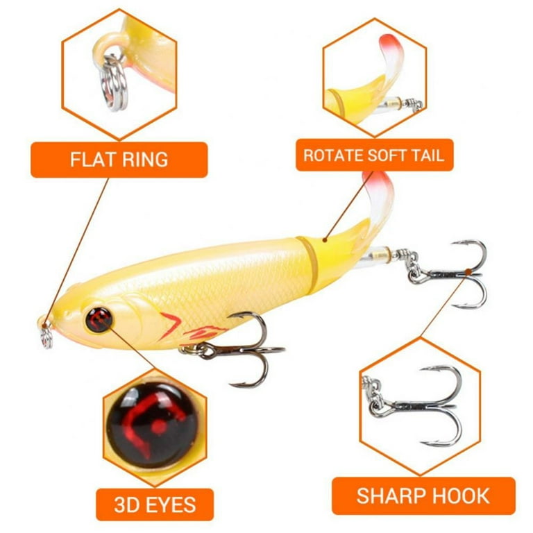 Whopper Popper Topwater Fishing Lure Artificial Hard Bait 3D Eyes Plopper with Soft Rotating Tail Fishing Tackle, Blue