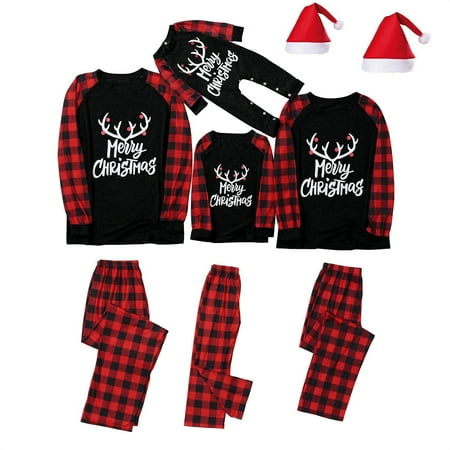 

Matching Family Christmas Pajamas Sets Letter Tee and Striped Bottom PJ s
