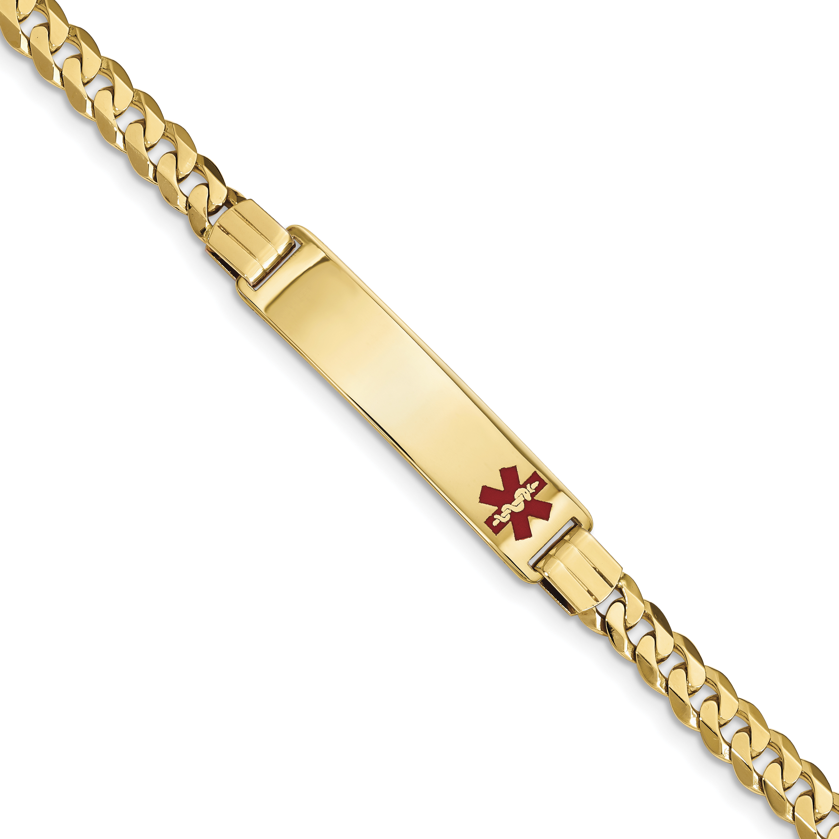 14k Yellow Gold Medical Alert Red Enamel Curb Link Id Bracelet 7 Inch
