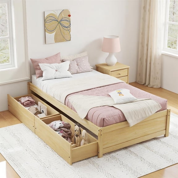 Topcobe Twin Size Captain Bed with 2 Drawers and Slats Support, Bed Frame, Indoor Furniture for Bedroom-Natural