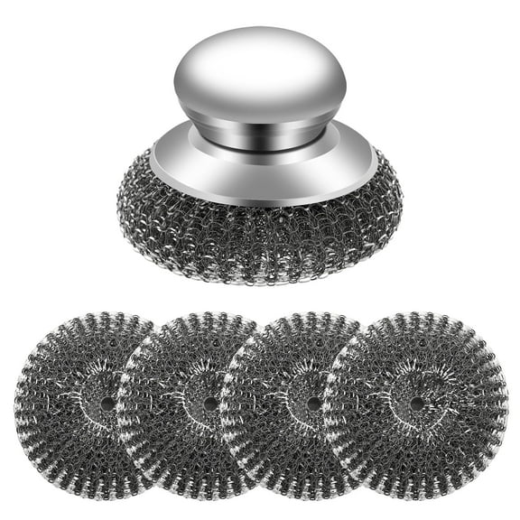 5Pcs Steel Wool Scrubber with Handle - Stainless Steel Scouring Pads Set for Cast Iron, Pans, Grill, Sink Cleaning(1 Scrubber 4 Pads)