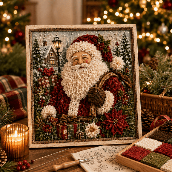 3D Christmas Fabric Poke Art Kit, DIY Needle Punch Craft Kit for Adults with Pre Cut Fabric Squares, Holiday Handmade Wall Decor Gift 7.87 in