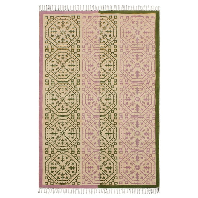 Casavani - 12'x12' Handblock Printed Green Cotton Dhurrie Square Area Rugs for Bedroom & Dining Room