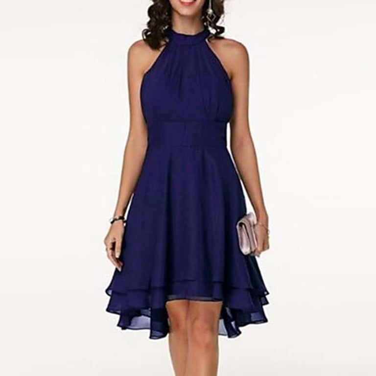 Olyvenn Women's Summer Chiffon Double Layer Ruffles Pencil Dress Party 2023  Sleeveless Trendy Slip Cocktail Dress Solid Sundress Halter Babydoll Slim  Empire Waist Swing Blouson Smocked Navy 6 - Walmart.com