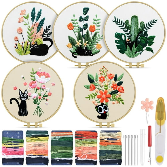 Kit de bordado TINDTOP con forma de gato y flor negros para adultos principiantes