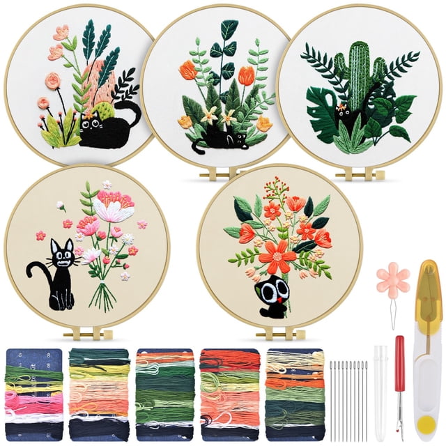 Kit de bordado TINDTOP con forma de gato y flor negros para adultos principiantes