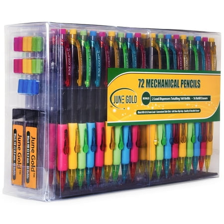 Gold Plated Mechanical Pencil June Gold 72 Mechanical Pencils, 0.9 mm HB #2 Lead, 2 Lead Dispensers /w 160 Refills & 16 Refill Erasers, Convenient Side Click & Soft Non-Slip Grip ()