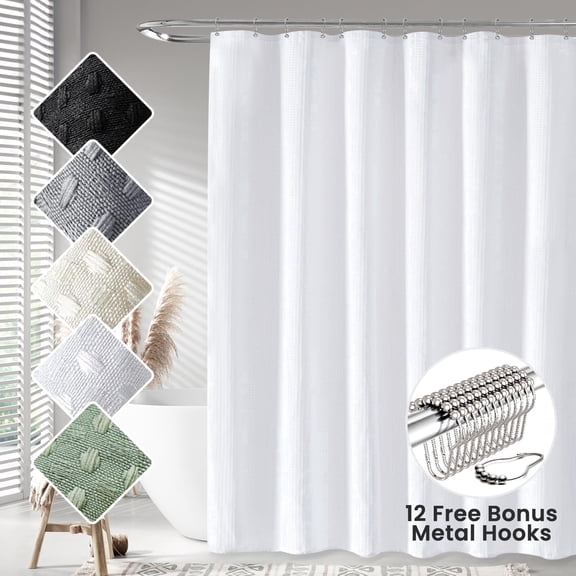 TURKIO Heavyweight Waffle Weave Fabric Shower Curtain,Water Repellent Hotel Grade Bathroom Curtain,White,72" x 72"