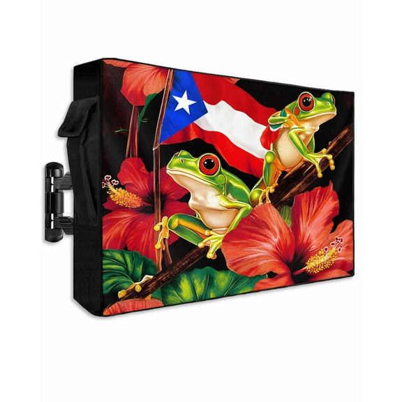 Puerto Rico Flag Outdoor TV Cover 60 to 65 Inch Weatherproof, Frog Red Flower Summer Leaf 600D Oxford TV Covers with Waterproof Zipper, Outside Flat TV Screen Protector Size 58"W x 37"H x 4.5"D